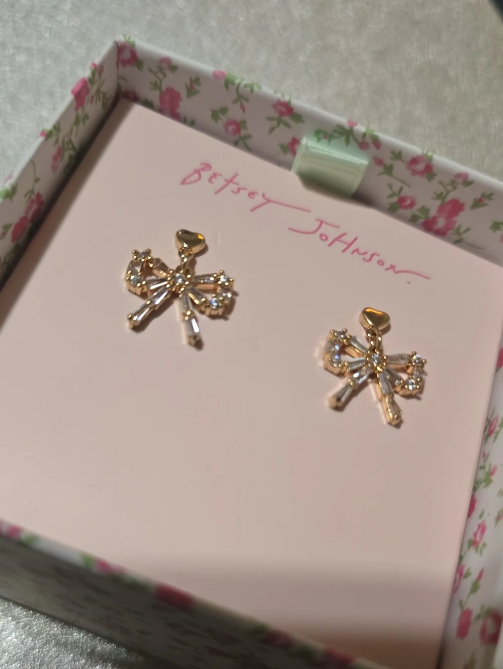 Betsey Johnson Gold-toned Rhinestone Bow Drop Earring Set NWT/NIB